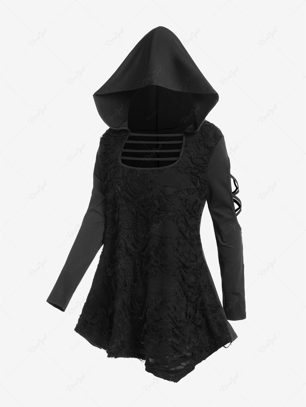 Discount Gothic Open Shoulder Crisscross Hooded Ripped Top  
