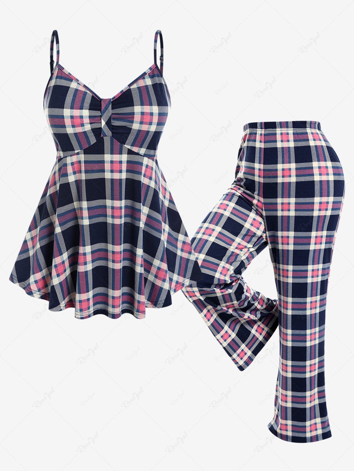 Hot Plus Size Plaid Cami Top and Pants Pajamas Set  
