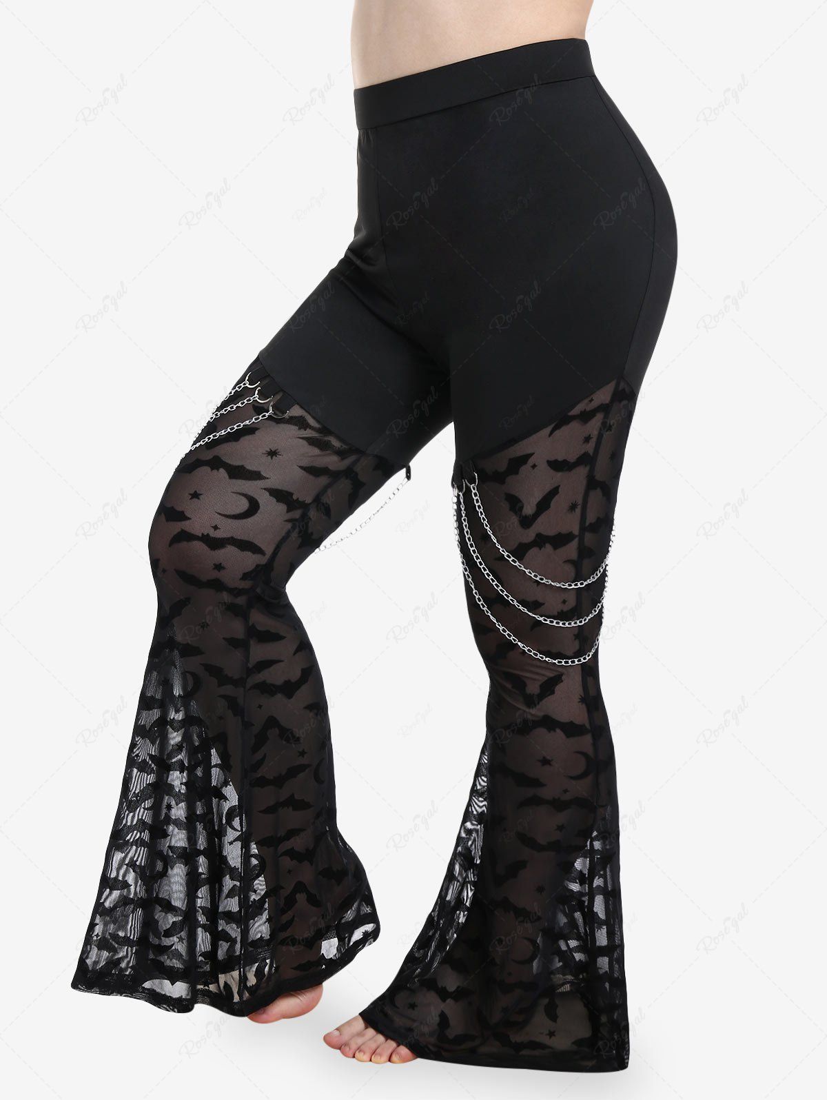 Fashion Gothic Bats Pattern Lace Panel Chains Pull On Flare Pants  