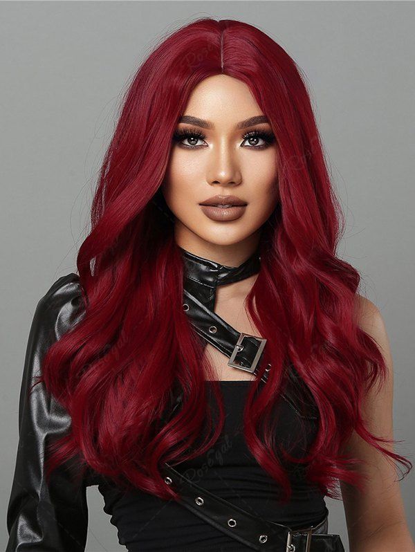 Perruque Synthétique Longue Ondulée Rouge de Vin Cosplay pour Halloween Rouge Vineux Ensemble de 1 Pièce 24 pouces
