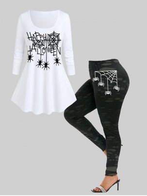 Halloween Spiders Web Print T-shirt and Spiders Web 3D Ripped Print Leggings Outfit