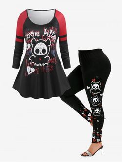 Cartoon Skull Letters Printed Raglan Sleeves Tee and Heart Leggings Outfit - BLACK