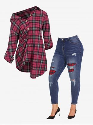 Roll Tab Sleeve Plaid Button Up Shirt and Ripped Skinny Jeans Plus Size Outfit