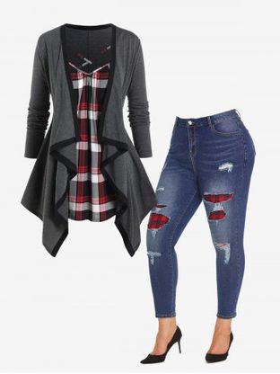 Plus Size Plaid Crisscross Asymmetric Long Sleeves 2 in 1 Tee and Ripped Jeans Outfit