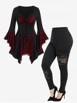 Bell Sleeve Skull Lace Handkerchief Tee and Studded Pants Gothic Outfit - RED