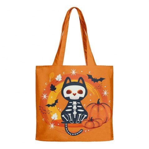 Halloween Skeleton Cat Pumpkin Print Canvas Tote Bag - ORANGE