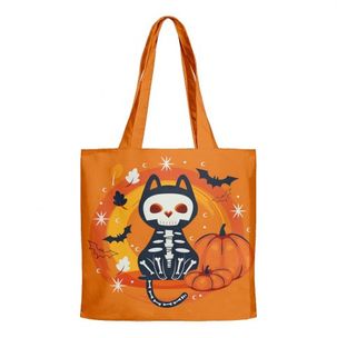 Halloween Skeleton Cat Pumpkin Print Canvas Tote Bag