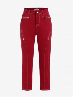 Topstitching Zippered Front Plus Size Colored Jeans - RED - 3X