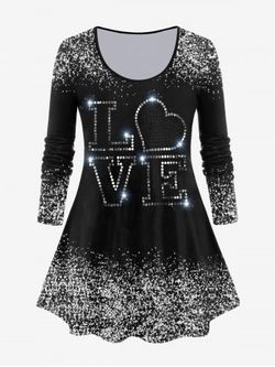 T-shirt à Imprimé LOVE Brillant de Grande Taille à Manches Longues - BLACK - 4X | US 26-28