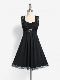 Plus Size Lace Insert Beading Heart Ring Ruched Dress - BLACK - L