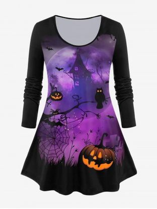 Pumpkin Castle Bat Print Halloween T-shirt
