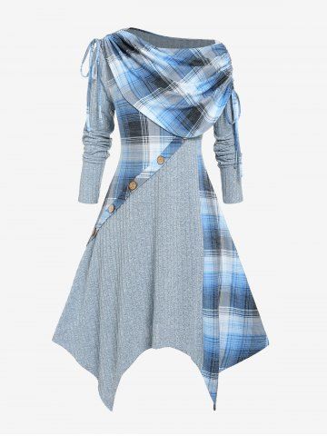 Plus Size Skew Neck Foldover Cinched Plaid Handkerchief Midi Knitted Dress - LIGHT BLUE - L | US 12
