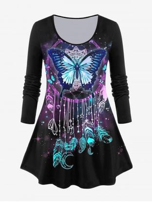 Plus Size Long Sleeve Butterfly Dreamcatcher Print T-shirt