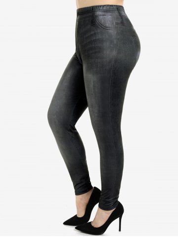 Plus Size 3D Jeans Printed Skinny Leggings - BLACK - S | US 8