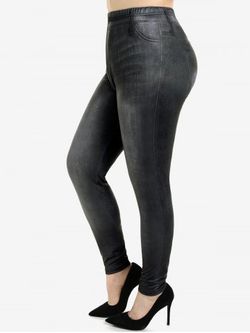 Plus Size 3D Jeans Printed Skinny Leggings - BLACK - 3X | US 22-24