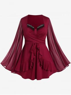 Plus Size Mesh Bell Sleeves Ruffled Crossover Tee - DEEP RED - 1X | US 14-16
