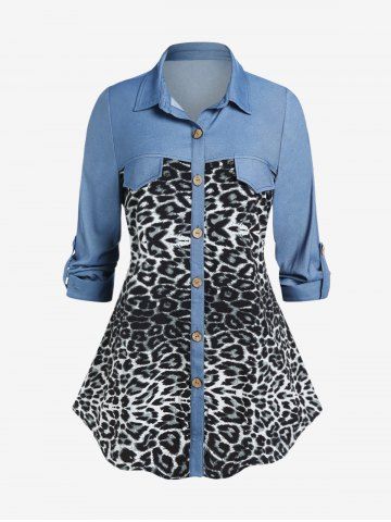 Plus Size Leopard Print Flap Pockets Roll Tab Sleeves Chambray Shirt - DEEP BLUE - L | US 12