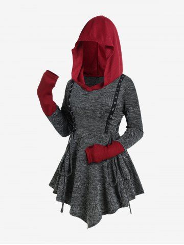 Gothic Lace-up Colorblock Hooded Thumb Hole Tee