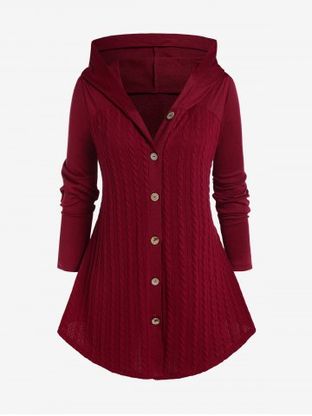Plus Size Cable Knit Panel Hooded Cardigan