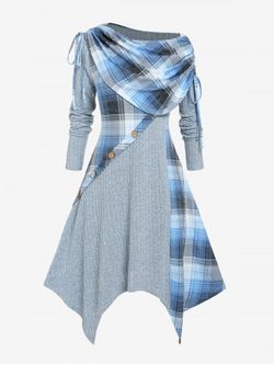 Robe Mi-Longue Mouchoir à Carreaux Grande Taille à Col Oblique - LIGHT BLUE - M | US 10
