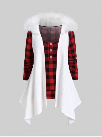 Plus Size Plaid T-shirt and Faux Fur Hooded Handkerchief Cardigan Set - WHITE - 5X | US 30-32