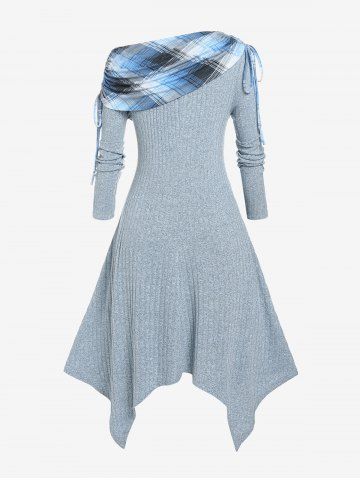 Plus Size Skew Neck Foldover Cinched Plaid Handkerchief Midi Knitted Dress