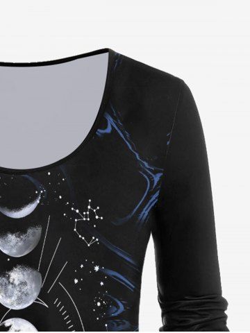 Plus Size Moon Phases Swirls Printed Long Sleeves Tee
