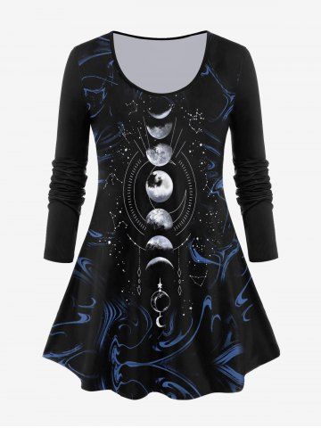 Plus Size Moon Phases Swirls Printed Long Sleeves Tee