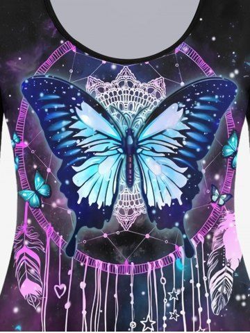 Plus Size Long Sleeve Butterfly Dreamcatcher Print T-shirt
