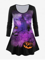 Pumpkin Castle Bat Print Halloween T-shirt -  
