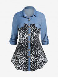 Plus Size Leopard Print Flap Pockets Roll Tab Sleeves Chambray Shirt -  