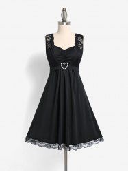 Plus Size Lace Insert Beading Heart Ring Ruched Dress -  