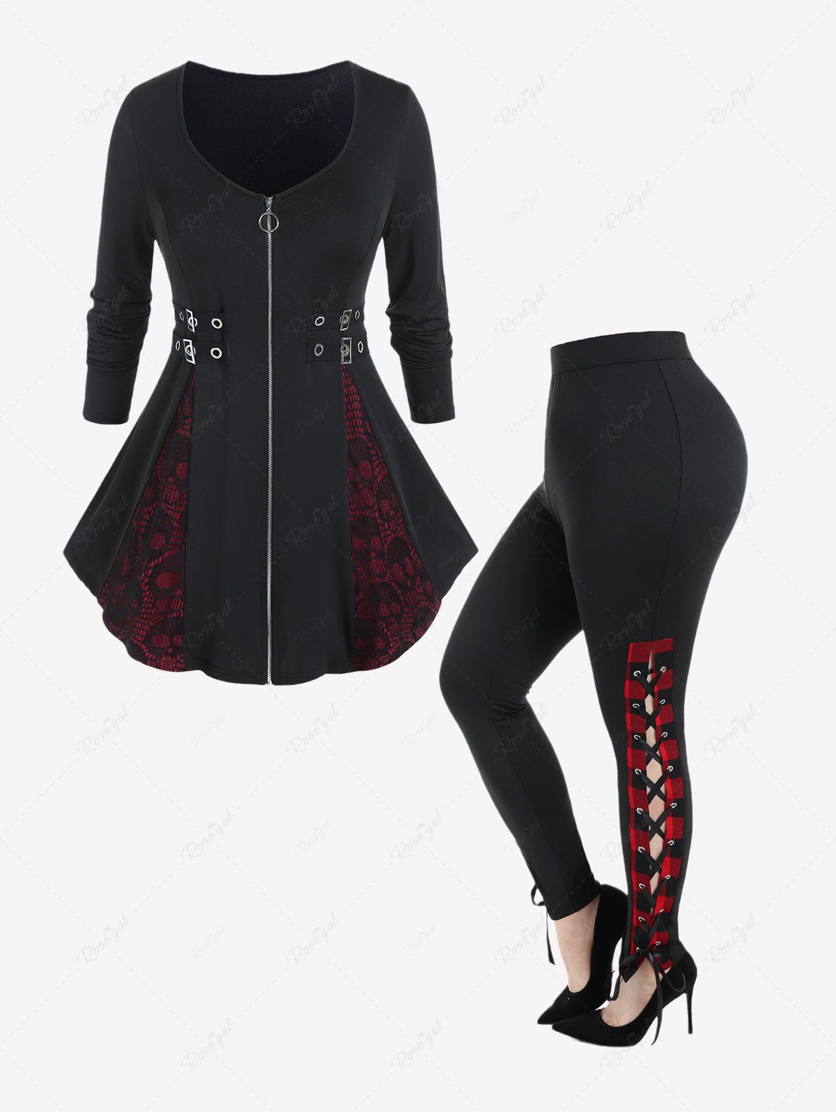 Fancy Gothic Buckles Skull Lace Full Zipper T-shirt and Plaid Lace Up Skinny Pants Outfit  
