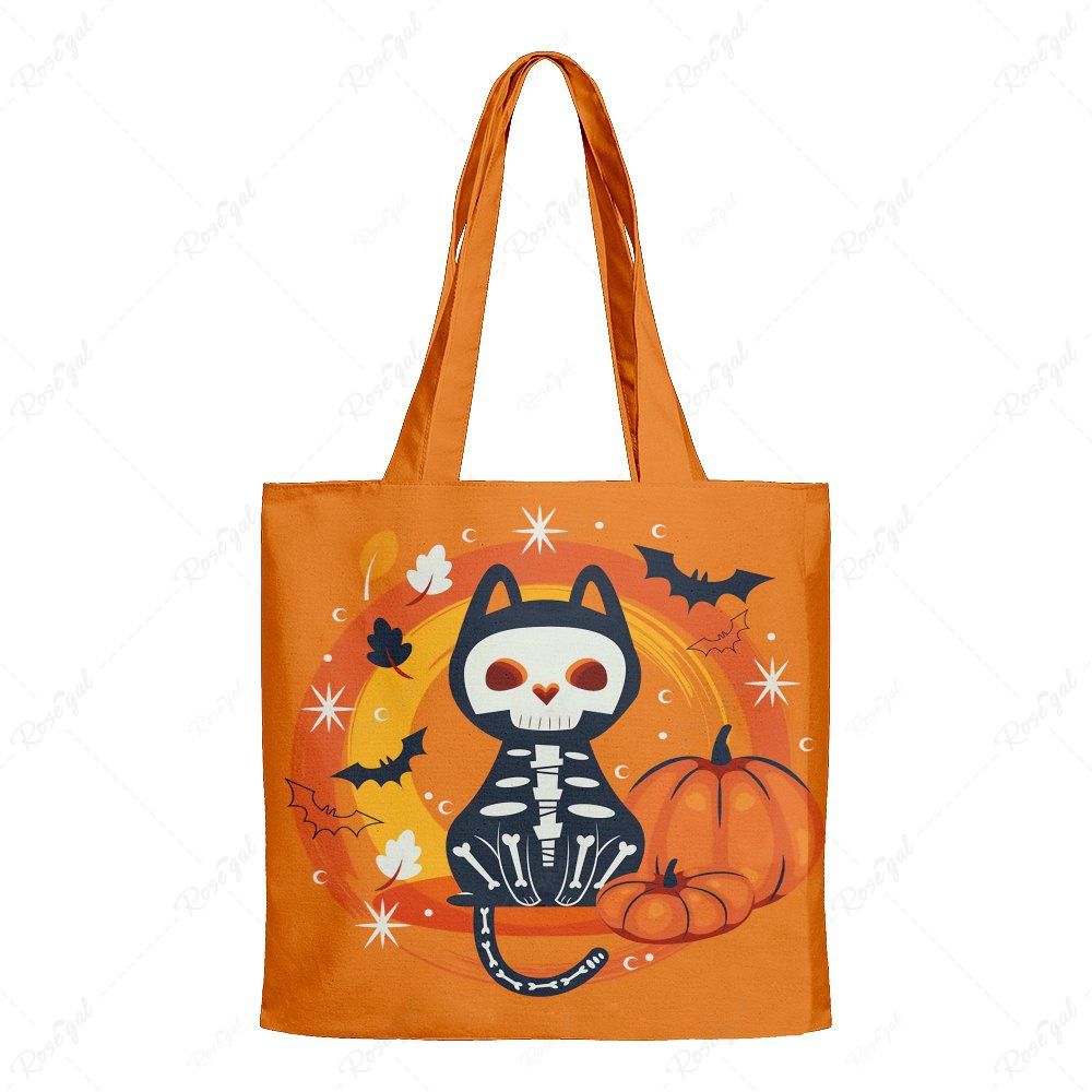 Halloween Skeleton Cat Pumpkin Print Canvas Tote Bag Orange 