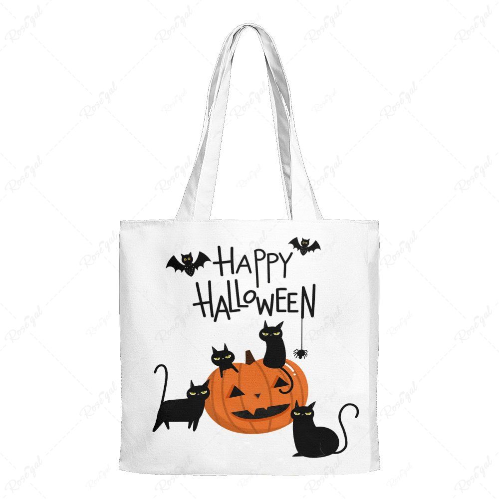 Halloween Pumpkins Bats Cat Canvas Tote Bag Blanc 