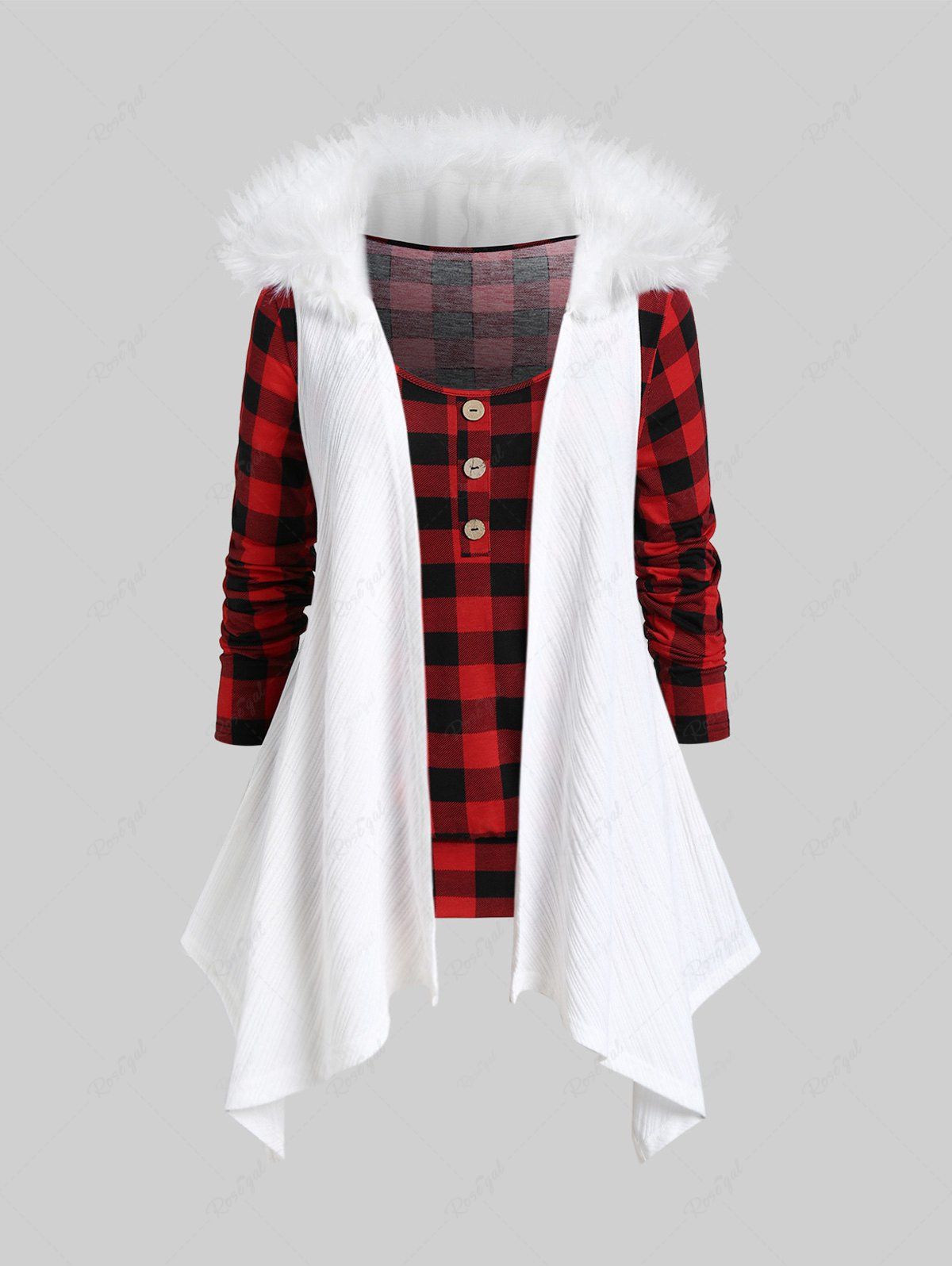 Hot Plus Size Plaid T-shirt and Faux Fur Hooded Handkerchief Cardigan Set  