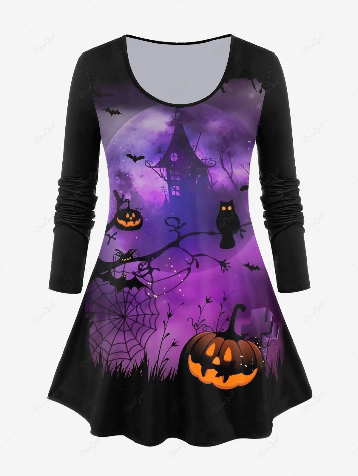 Affordable Pumpkin Castle Bat Print Halloween T-shirt  