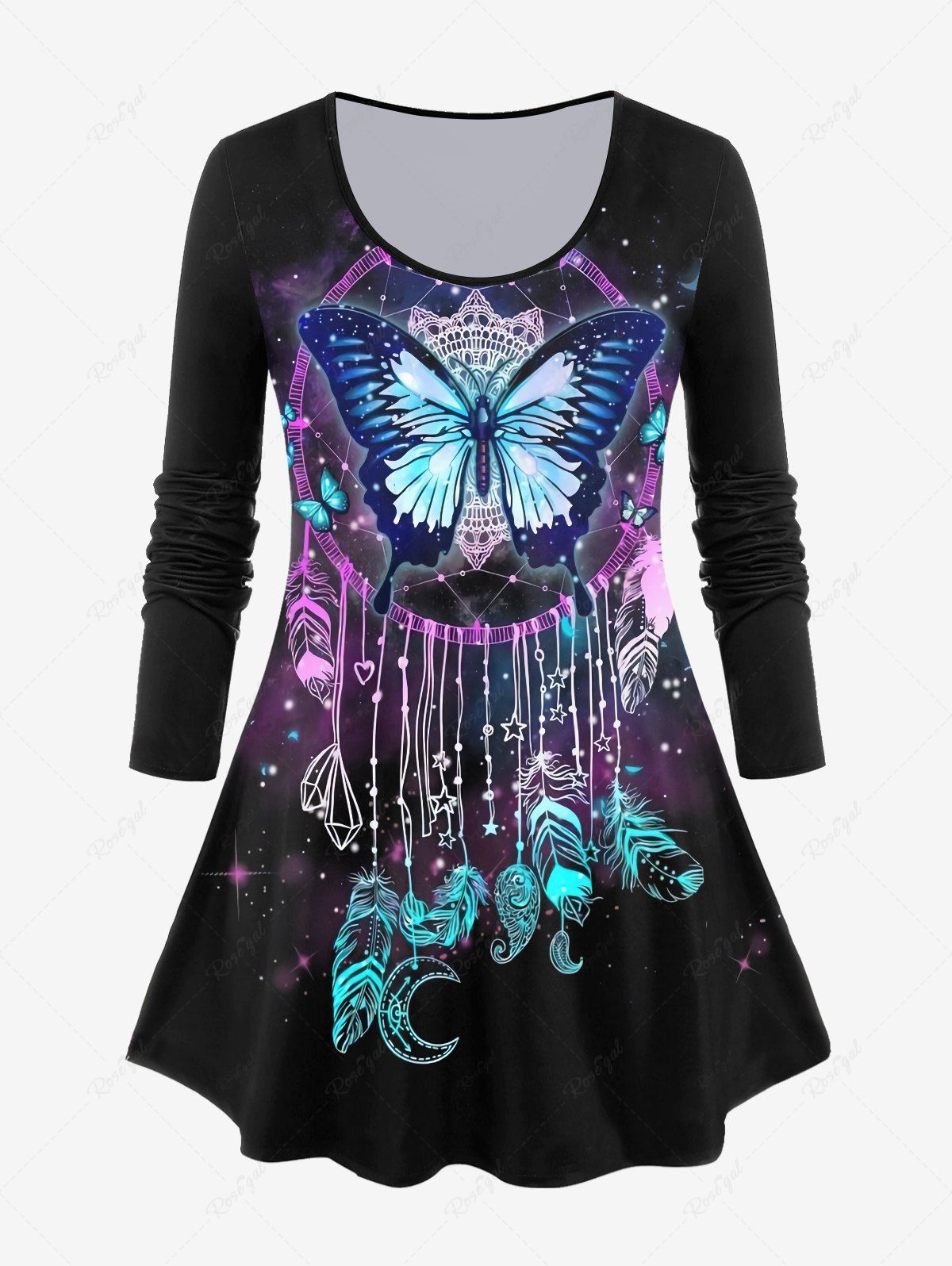 Fashion Plus Size Long Sleeve Butterfly Dreamcatcher Print T-shirt  