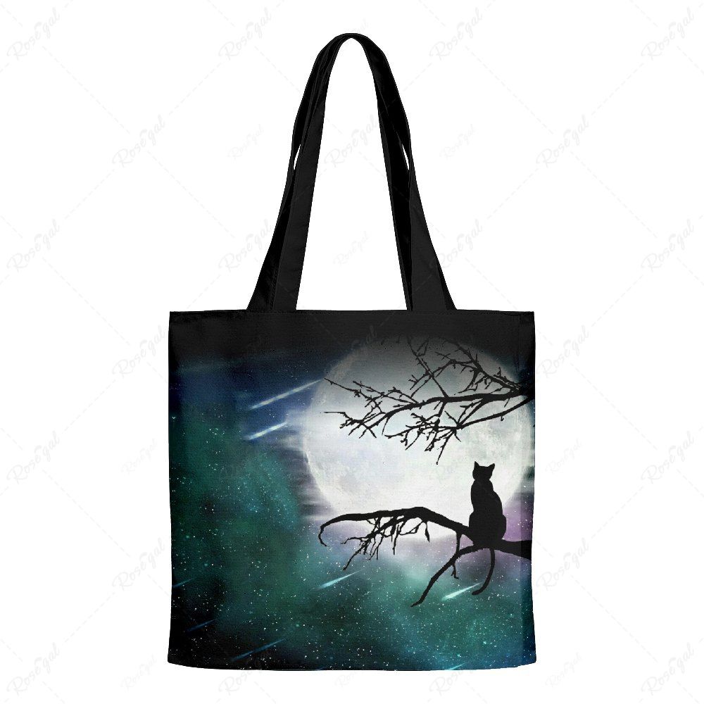Halloween Moon Cat Tree Canvas Tote Bag Noir 