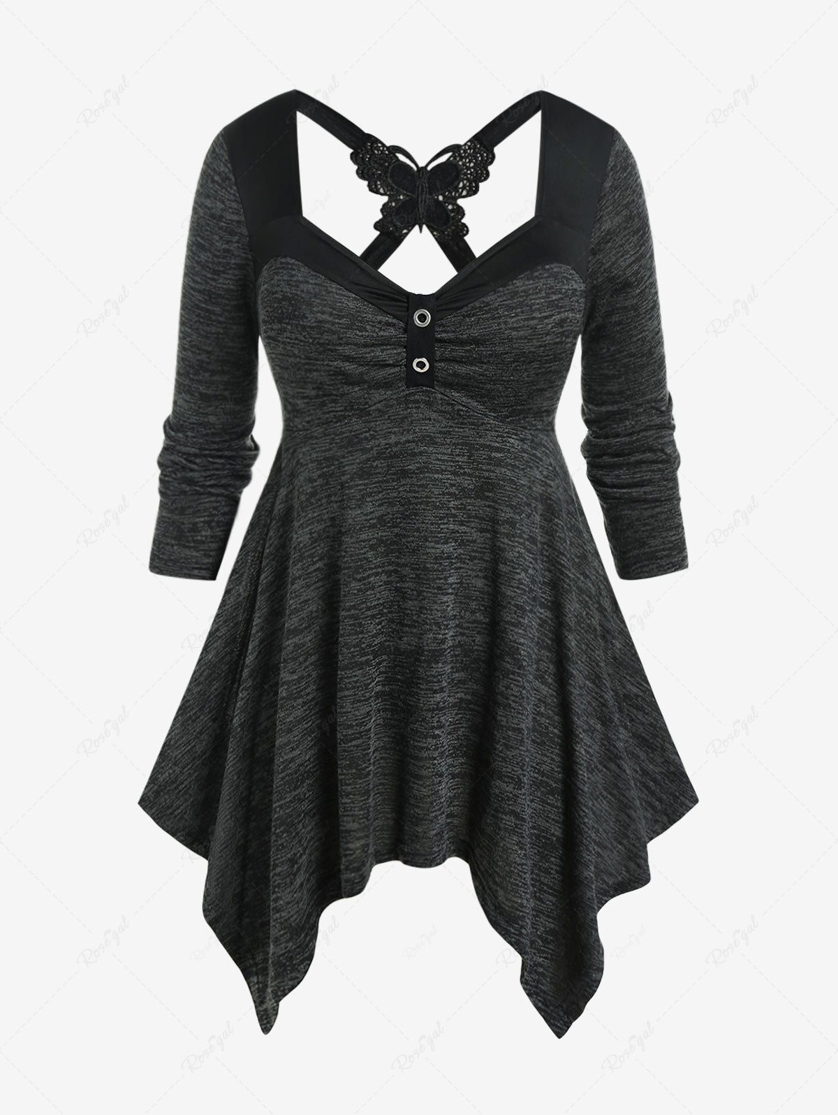 Latest Plus Size Space Dye Lace Butterfly Handkerchief Tee  