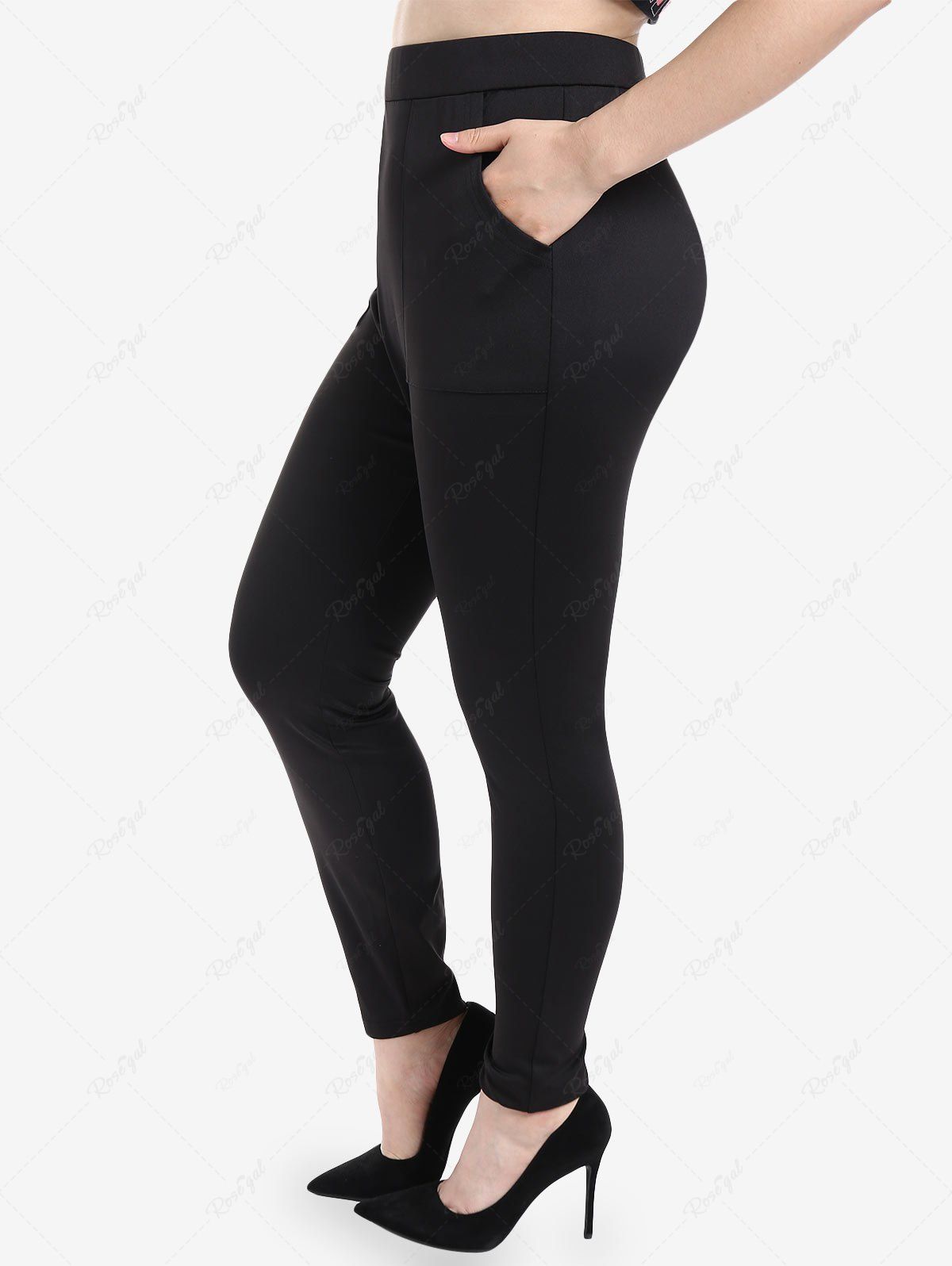 Pantalon Moulant à Taille Haute avec Double Poches de Grande Taille Noir 