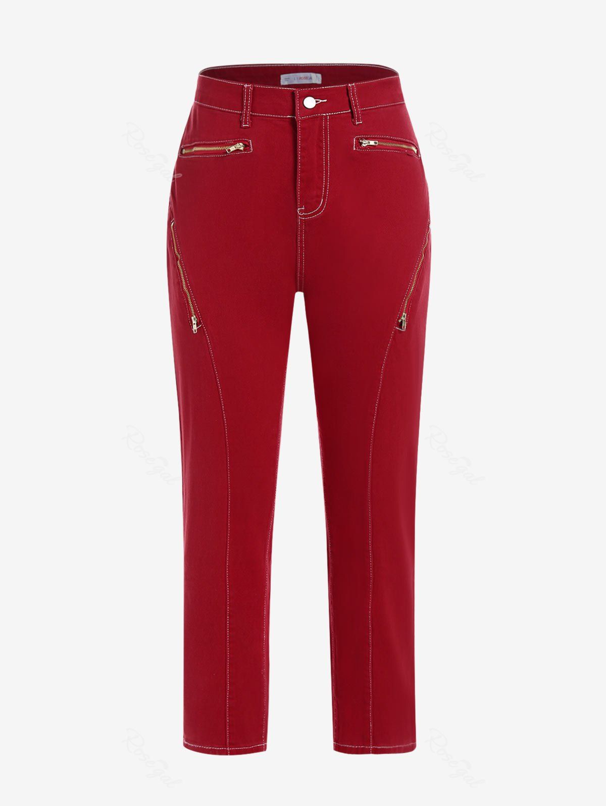 Affordable Topstitching Zippered Front Plus Size Colored Jeans  