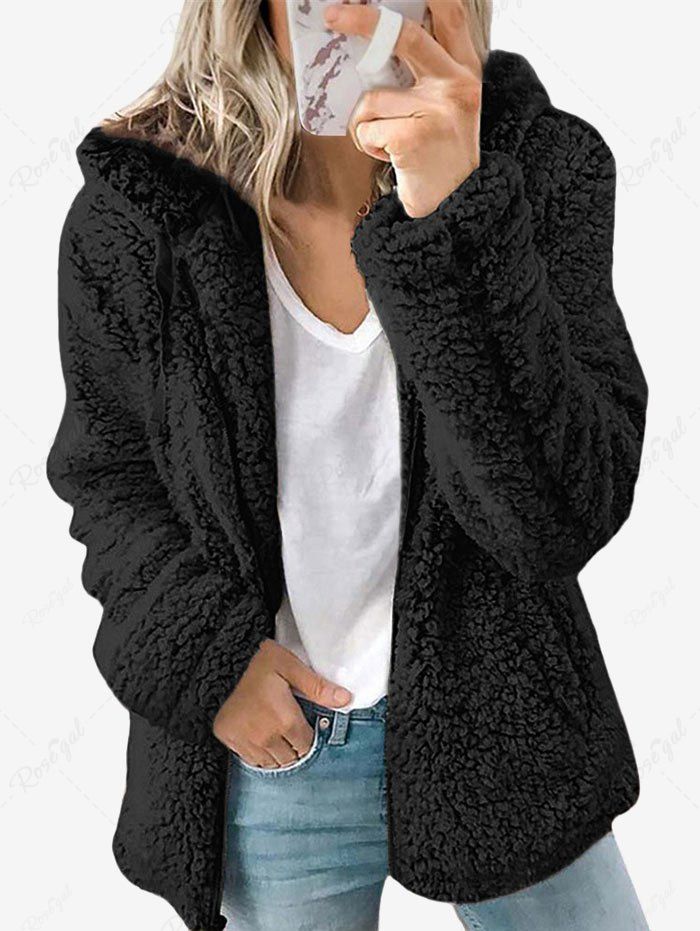 Manteau à Capuche Teddy en Fausse Fourrure de Grande Taille Noir 4XL