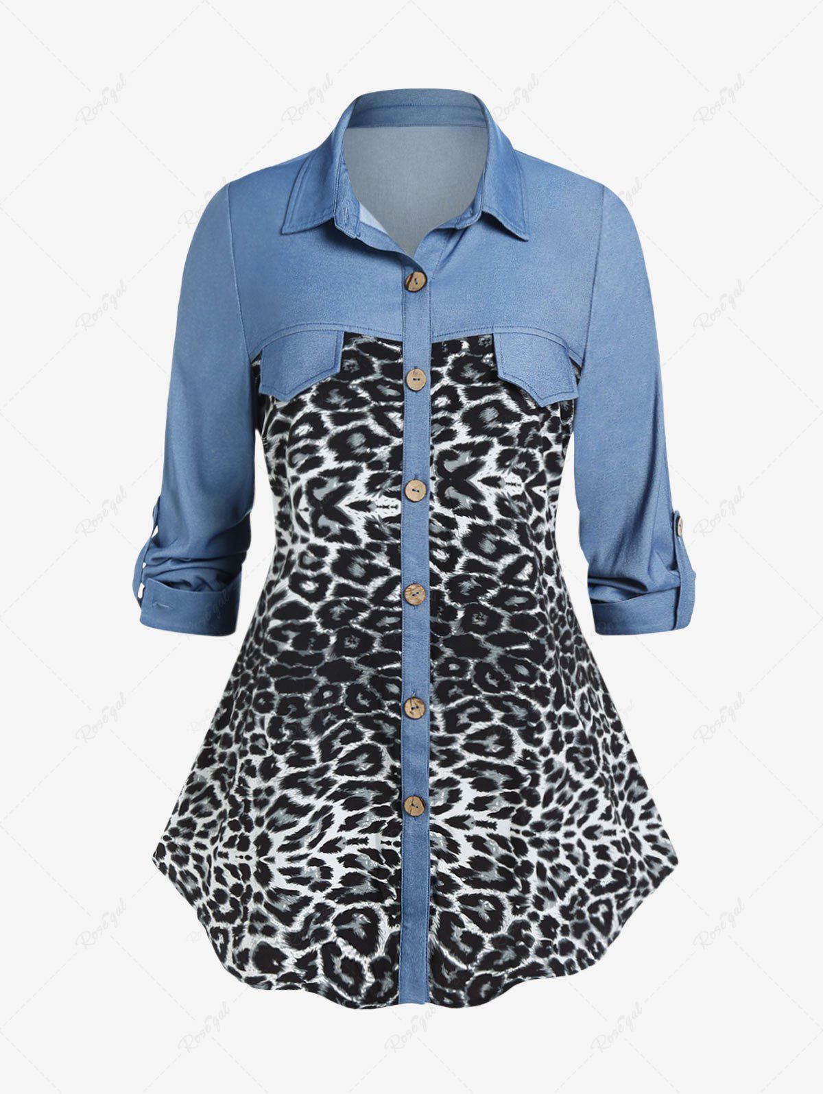 Hot Plus Size Leopard Print Flap Pockets Roll Tab Sleeves Chambray Shirt  