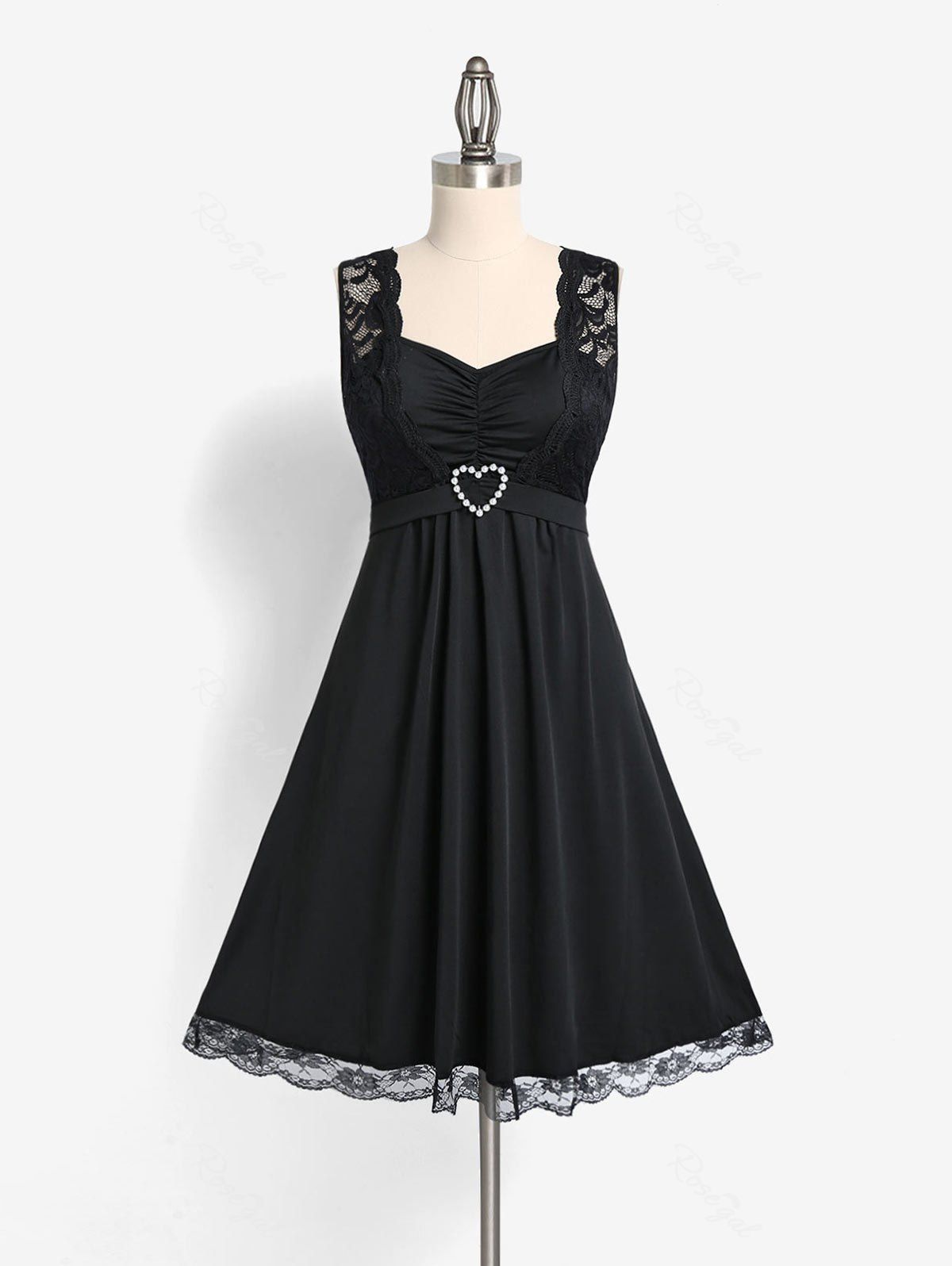 Unique Plus Size Lace Insert Beading Heart Ring Ruched Dress  