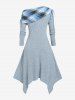 Robe Mi-Longue Mouchoir Tricotée à Carreaux Grande Taille à Col Oblique - Bleu clair S | US 8