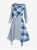 Robe Mi-Longue Mouchoir Tricotée à Carreaux Grande Taille à Col Oblique - Bleu clair S | US 8