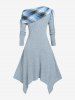 Robe Mi-Longue Mouchoir Tricotée à Carreaux Grande Taille à Col Oblique - Bleu clair L | États-Unis 12