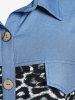 Plus Size Leopard Print Flap Pockets Roll Tab Sleeves Chambray Shirt -  