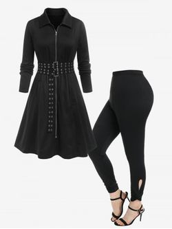 Grommet Double Belt Zip Up Pocket Coat and High Rise Cutout Twist Leggings Plus Size Outfit - BLACK